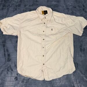 Browning Button Down Shirt Mens Large Cream Tan Short Sleeve Cotton Logo Pocket
